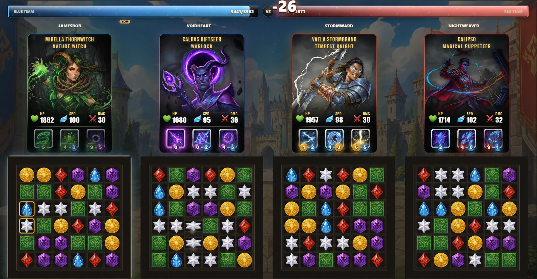 A four-player Gembound Arena match with Mirella, Caldus, Vaela, and Calipso
