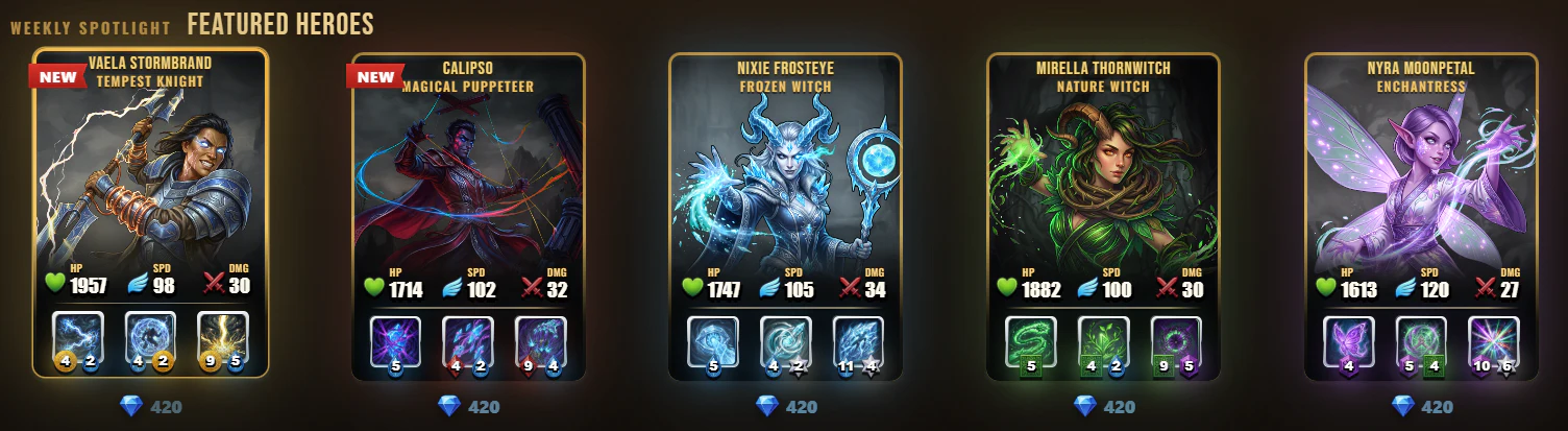 An example weekly Spotlight featuring Vaela, Calipso, Nixie, Mirella, and Nyra