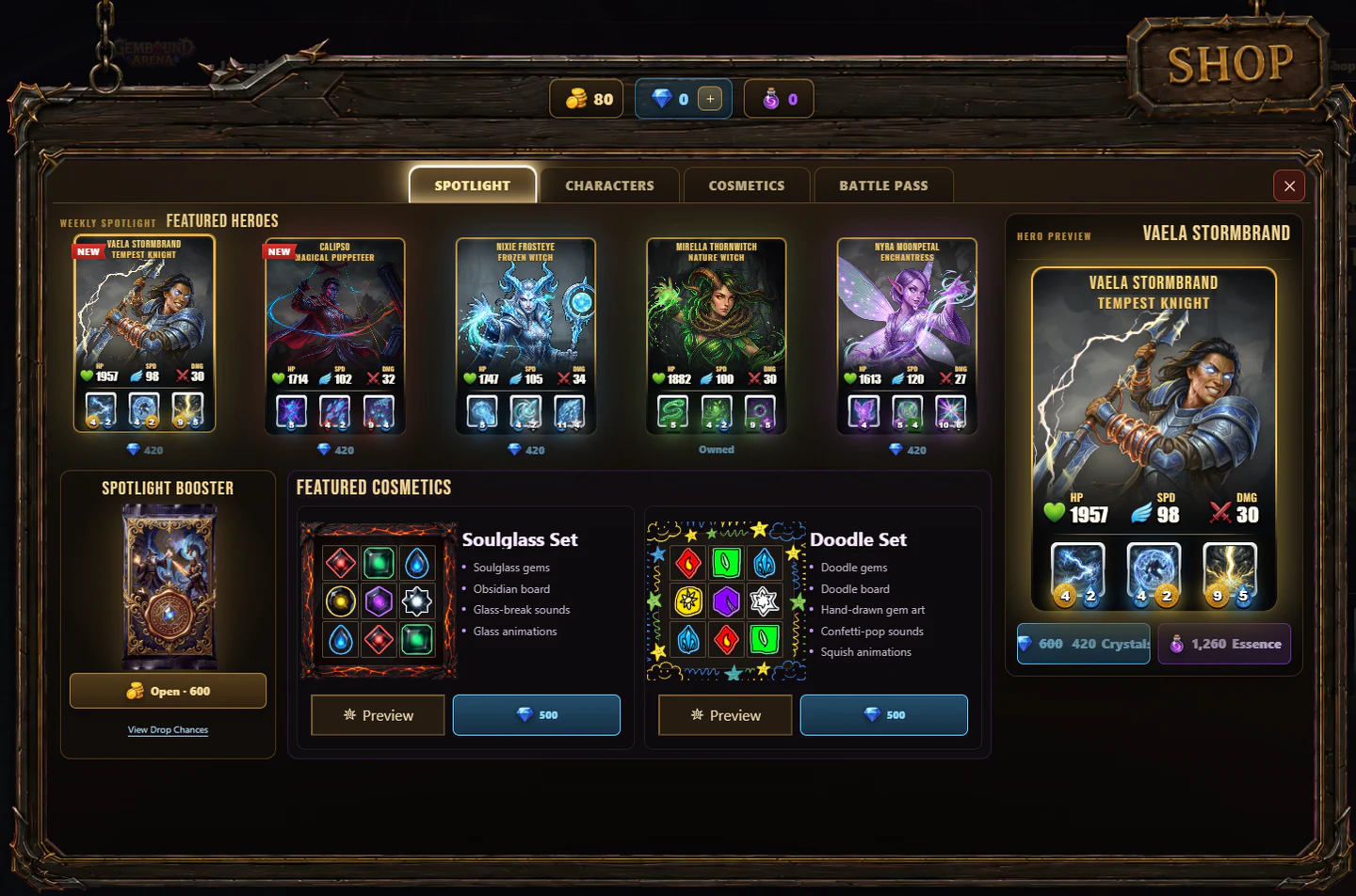 The Gembound Arena Shop featuring heroes, booster packs, and cosmetic sets